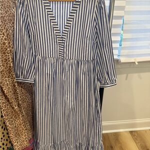 Pomander Place Navy and White Striped V-Neck maxi dress